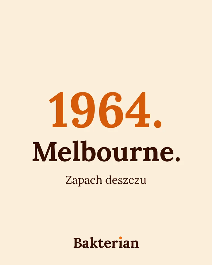 Grafika z Bakterianem. Napis: 1964. Melbourne. Zapach deszczu.